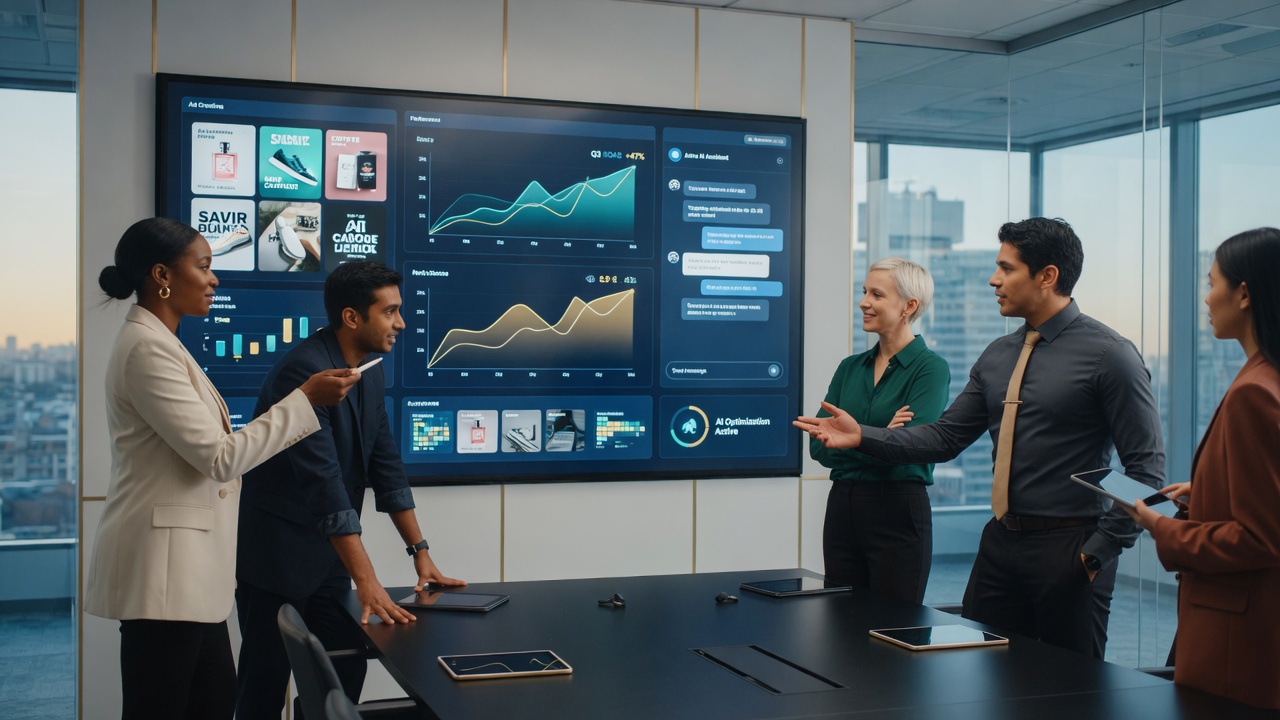 Diverse professional marketing team collaborating on AI-powered marketing dashboards and creative strategy