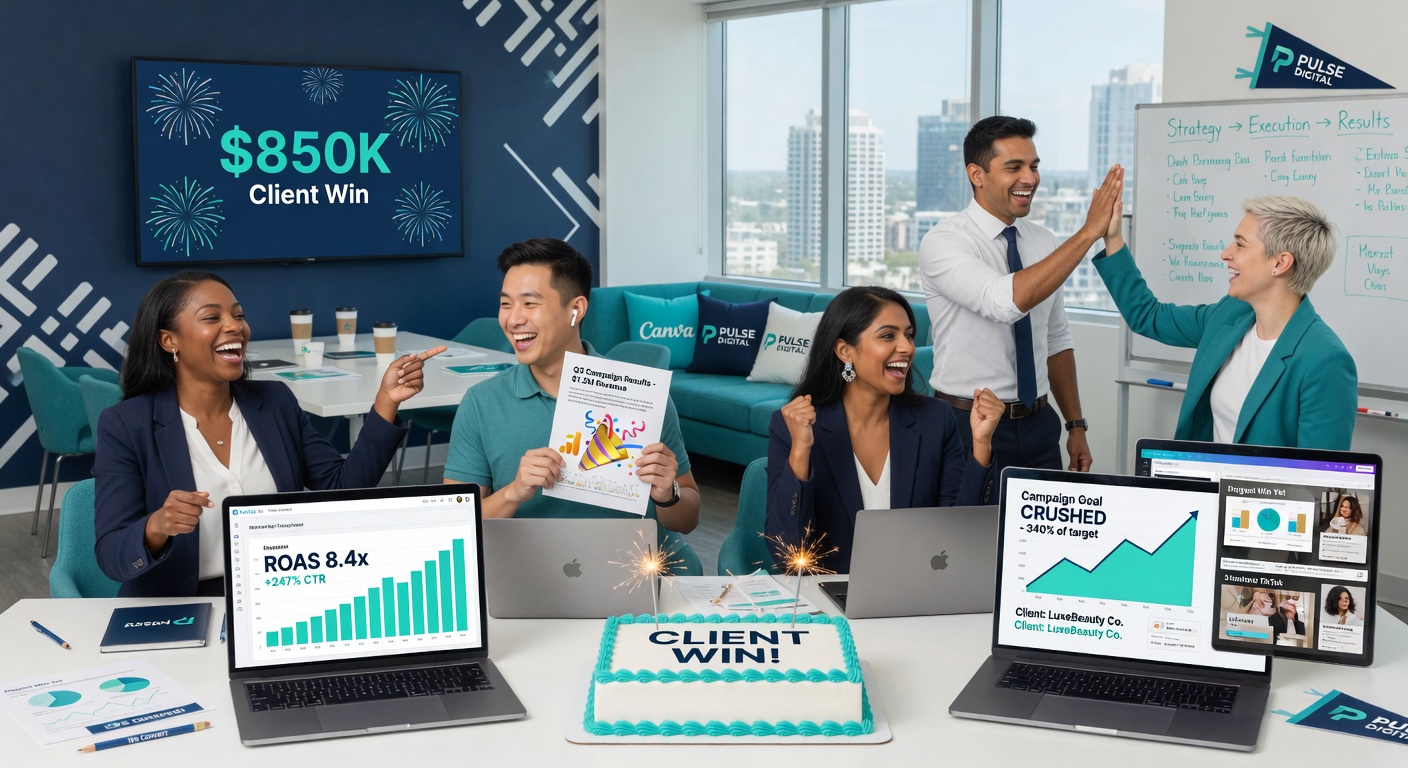 DMI Collective partners celebrating major client win with $850K revenue and strong performance metrics