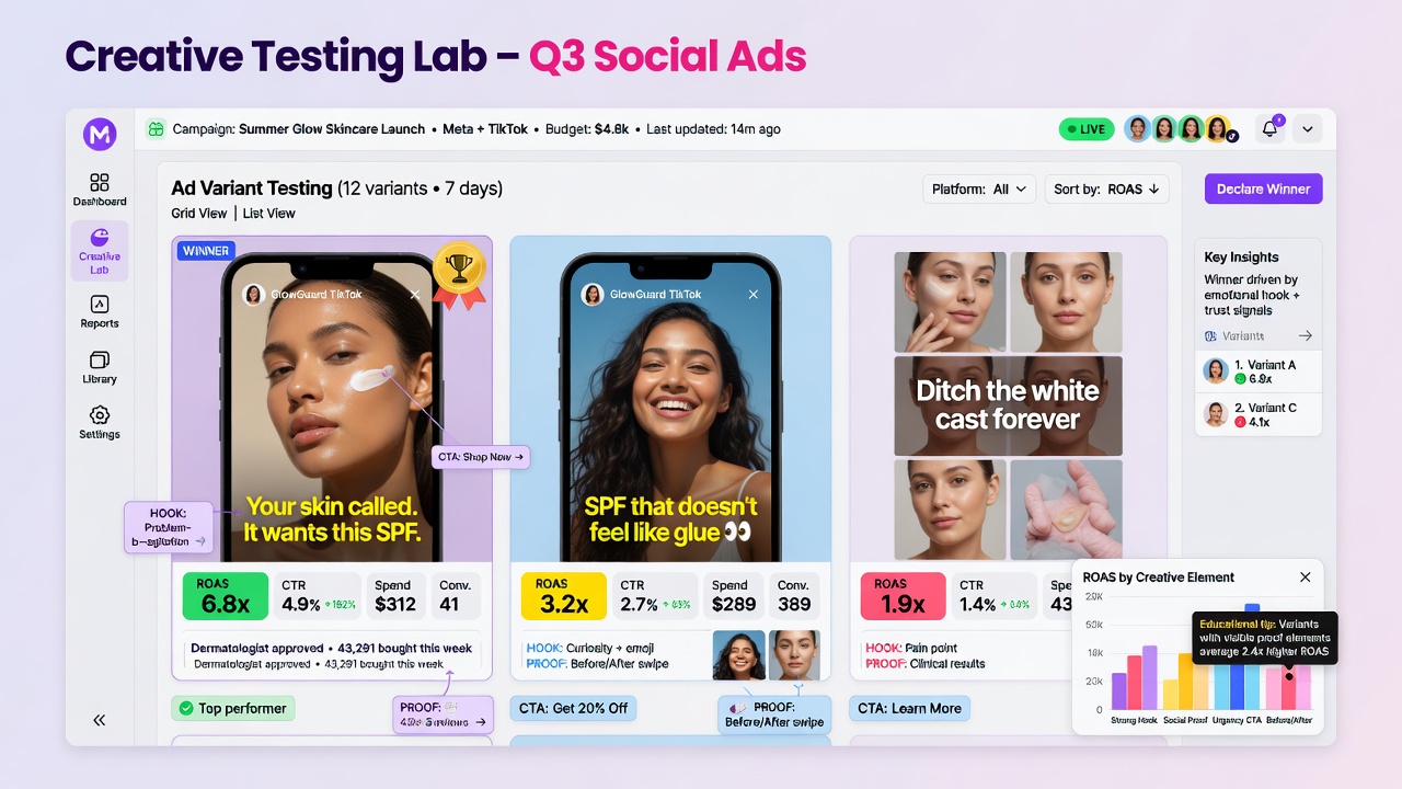 Creative testing grid mock with ad variants, ROAS metrics, winner badge, labels on hook/CTA/proof - for Module 6 lessons